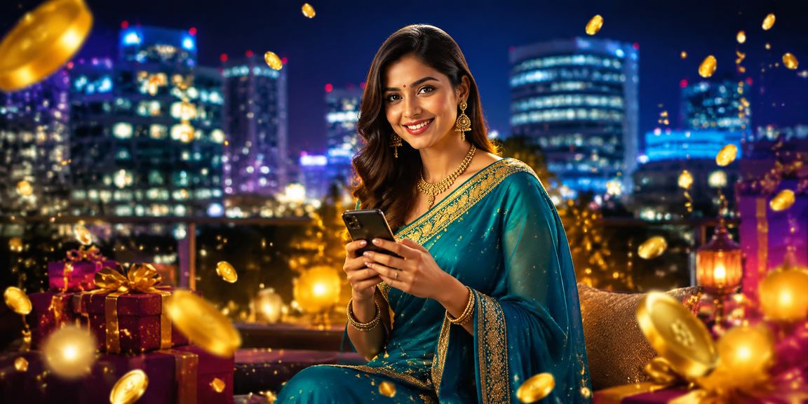 Indian woman enjoying casino app on mobile phone