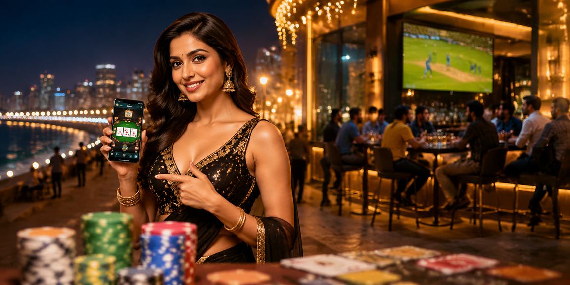 Mumbai Marine Drive nighttime with cricket and betting theme